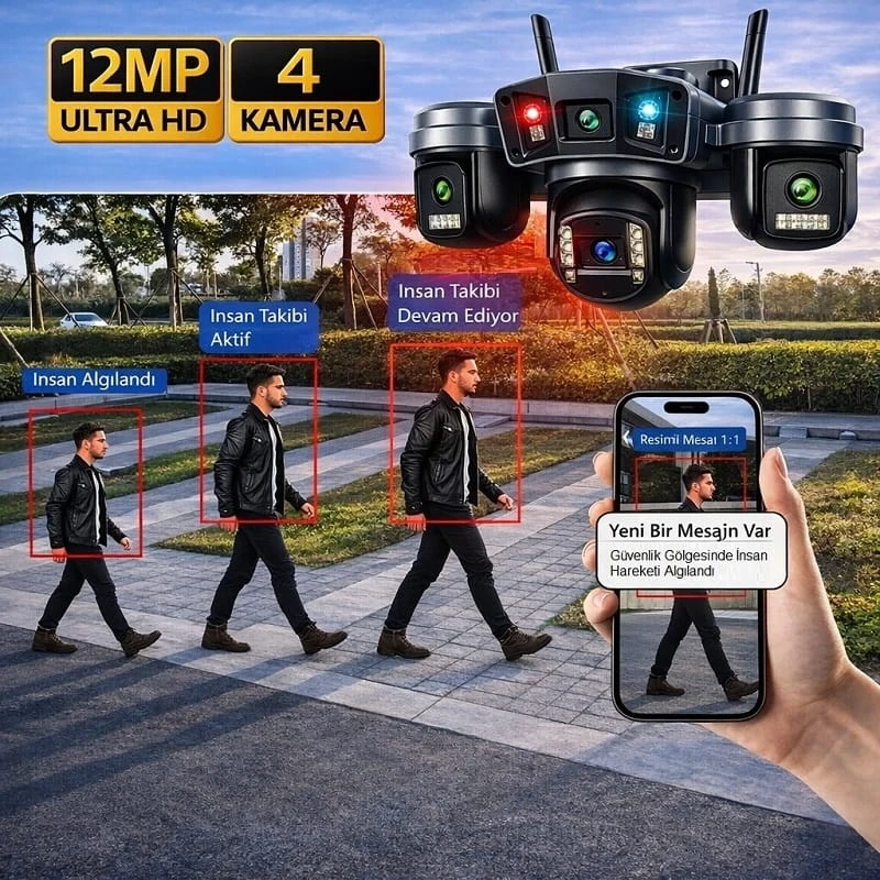 O-Kam Pro 4 Kameralı 4 Görüntülü Ultra HD 360 Dönebilen Kablosuz Wifi Kamera Gece Görüşlü Su Geçirmez Sesli Görüşme Hareket Takip Ok-203PlusW