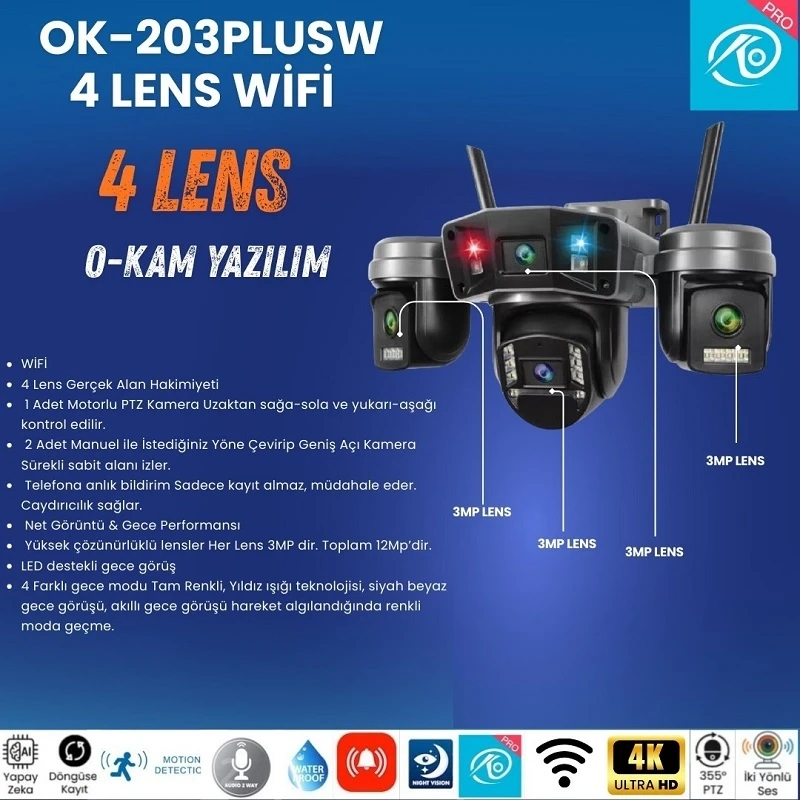 O-Kam Pro 4 Kameralı 4 Görüntülü Ultra HD 360 Dönebilen Kablosuz Wifi Kamera Gece Görüşlü Su Geçirmez Sesli Görüşme Hareket Takip Ok-203PlusW