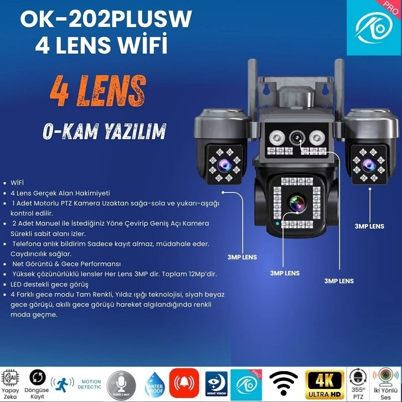 O-Kam Pro 4 Kameralı 4 Görüntülü Ultra HD 360 Dönebilen Kablosuz Wifi Kamera Gece Görüşlü Su Geçirmez Sesli Görüşme Hareket Takip Ok-202PlusW