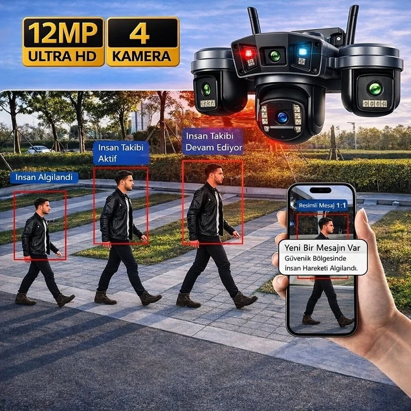 O-Kam Pro 4 Kameralı 4 Görüntülü Ultra HD 360 Dönebilen Kablosuz Wifi Kamera Gece Görüşlü Su Geçirmez Sesli Görüşme Hareket Takip Ok-202PlusW