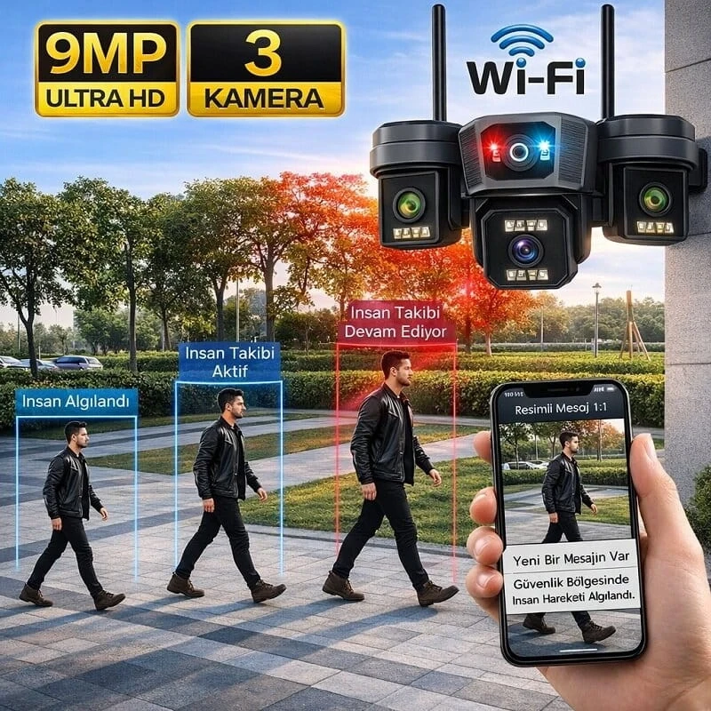 O-Kam Pro 3 Kameralı 3 Görüntülü Ultra HD 360 Dönebilen Kablosuz Wifi Kamera Gece Görüşlü Su Geçirmez Sesli Görüşme Hareket Takip Ok-204PlusW