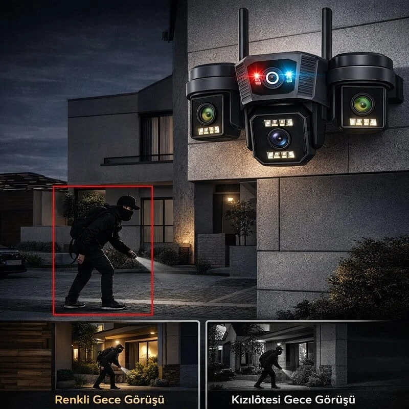 O-Kam Pro 3 Kameralı 3 Görüntülü Ultra HD 360 Dönebilen Kablosuz Wifi Kamera Gece Görüşlü Su Geçirmez Sesli Görüşme Hareket Takip Ok-204PlusW