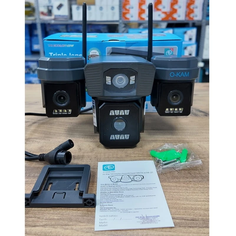 O-Kam Pro 3 Kameralı 3 Görüntülü Ultra HD 360 Dönebilen Kablosuz Wifi Kamera Gece Görüşlü Su Geçirmez Sesli Görüşme Hareket Takip Ok-204PlusW