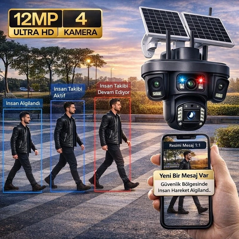 O-Kam Premium 4G 12MP SIM Kartlı 4 Kameralı 4 Görüntülü Çift Solar Panelli Renkli Ledli Gece Görüşlü Güvenlik Kamerası