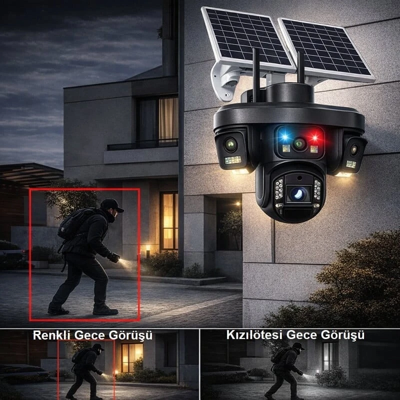 O-Kam Premium 4G 12MP SIM Kartlı 4 Kameralı 4 Görüntülü Çift Solar Panelli Renkli Ledli Gece Görüşlü Güvenlik Kamerası