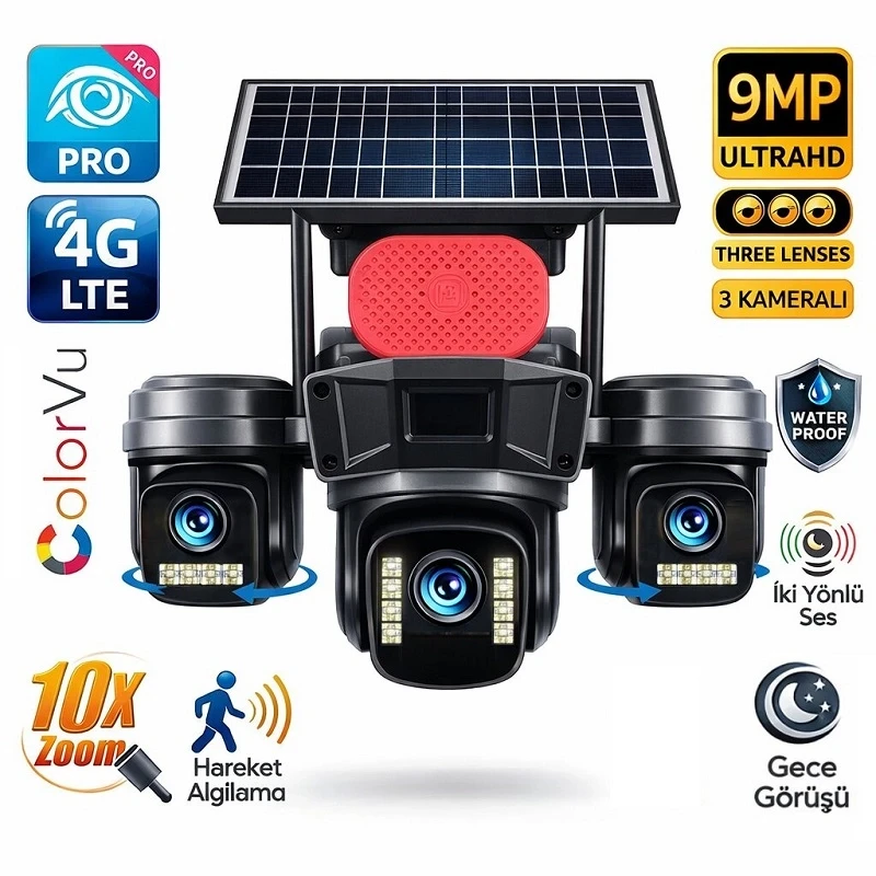 O-Kam Pro 4G 9MP SIM Kartlı 3 Kameralı 3 Görüntülü Solar Panelli Gece Görüşlü Güvenlik Kamerası Ok-310