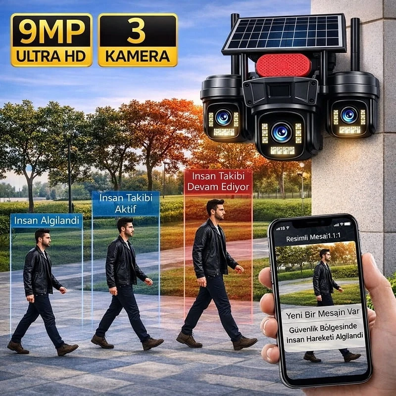 O-Kam Pro 4G 9MP SIM Kartlı 3 Kameralı 3 Görüntülü Solar Panelli Gece Görüşlü Güvenlik Kamerası Ok-310