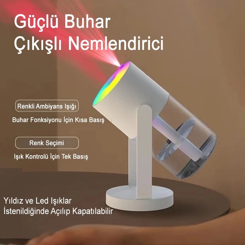 Yıldızlı Projektör Hava Nemlendirici Aromaterapi Ultrasonik Buhar Makinesi Araç ve Ev Uyumlu 280ML