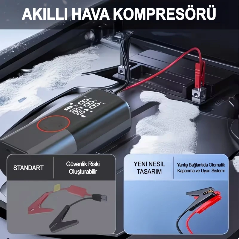 Premium Akım Korumalı 12.000 Mah Hava Kompresörlü Akü Takviye Cihazı Hızlı Şişirme El Feneri Taşınabilir Powerbank ST-9650