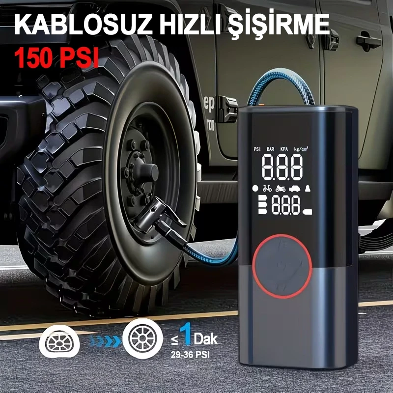 Premium Akım Korumalı 12.000 Mah Hava Kompresörlü Akü Takviye Cihazı Hızlı Şişirme El Feneri Taşınabilir Powerbank ST-9650