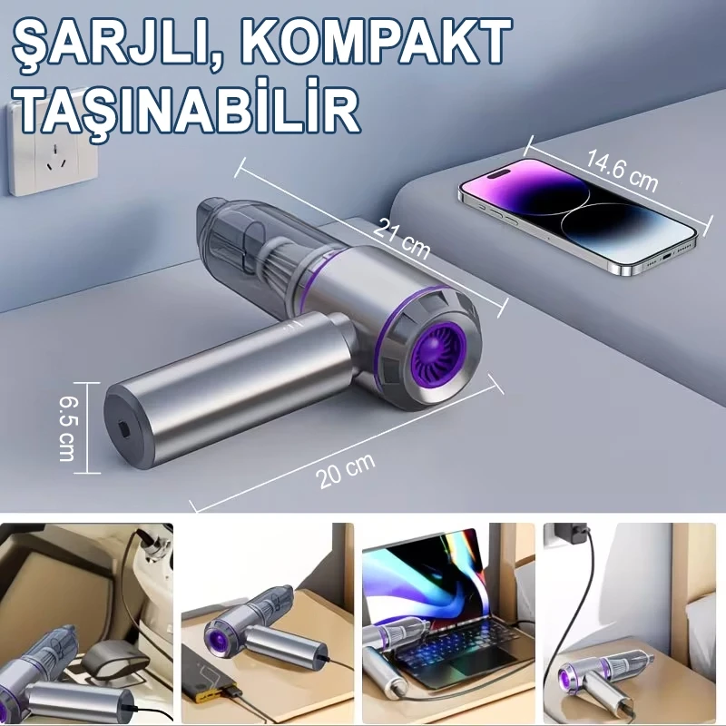 20.000 PA 3 Kademeli Çantalı 11 Parça Profesyonel Ultra Çekim Güçlü Şarjlı Araç Süpürgesi