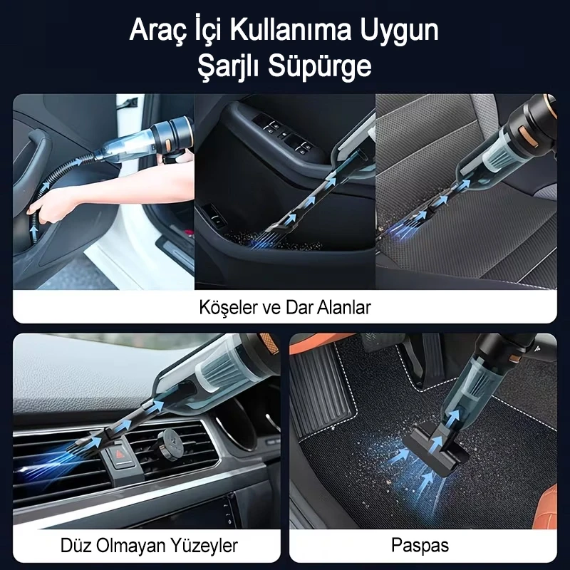 20.000 PA 3 Kademeli Çantalı 11 Parça Profesyonel Ultra Çekim Güçlü Şarjlı Araç Süpürgesi