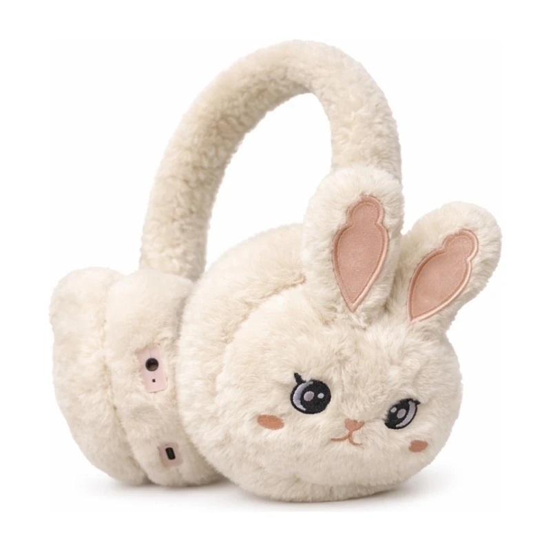 Sevimli Tavşan Peluş Kafa Üstü Bluetooth Kulaklık Wireless 5.3 Mikrofonlu Şarjlı Krem