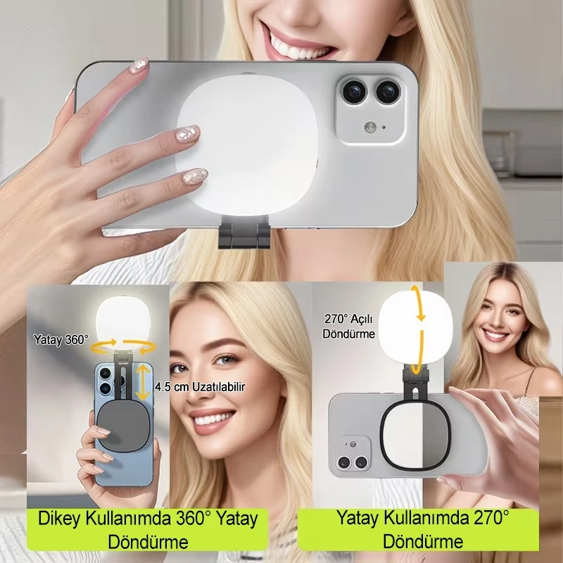 Manyetik LED Telefon Işığı Şarjlı Aynalı Selfie ve Video Çekim Dolgu Işığı 5 Renk Modlu Influencer Işığı