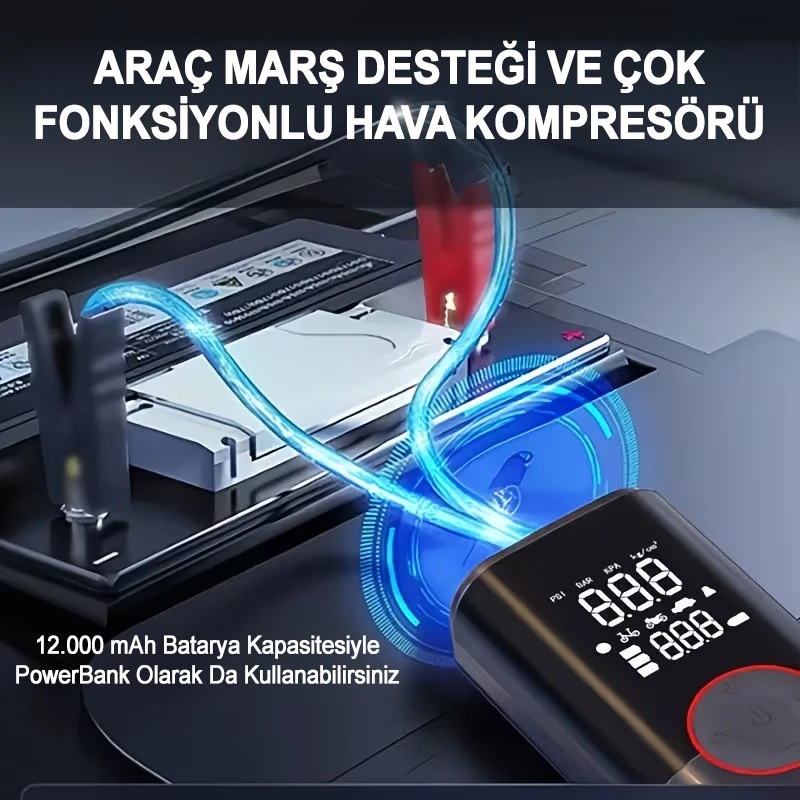 Premium Akım Korumalı 12.000 Mah Hava Kompresörlü Akü Takviye Cihazı Hızlı Şişirme El Feneri Taşınabilir Powerbank ST-9650