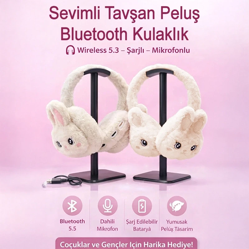 Sevimli Tavşan Peluş Kafa Üstü Bluetooth Kulaklık Wireless 5.3 Mikrofonlu Şarjlı Krem