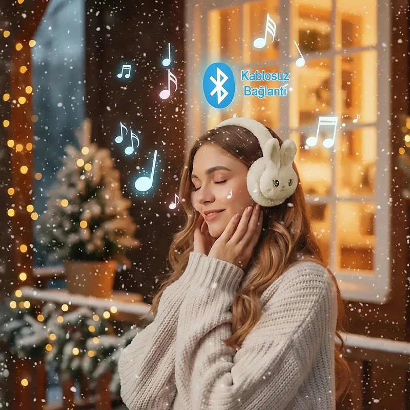 Sevimli Tavşan Peluş Kafa Üstü Bluetooth Kulaklık Wireless 5.3 Mikrofonlu Şarjlı Krem