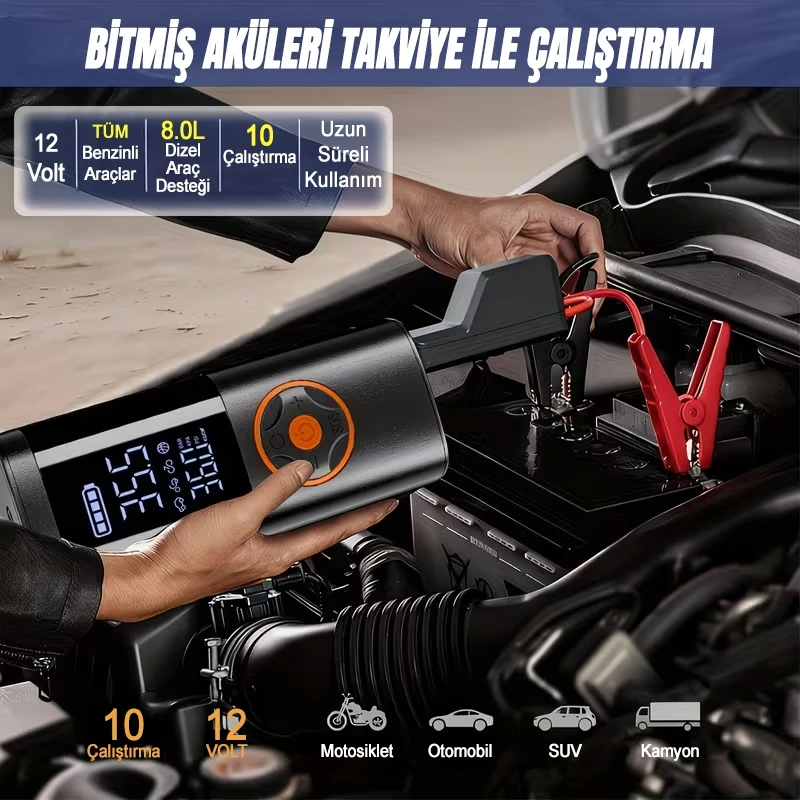 St-5537 Pro Akım Korumalı 12.000 Mah Hava Kompresörlü Akü Takviye Cihazı Hızlı Şişirme El Feneri Taşınabilir Powerbank