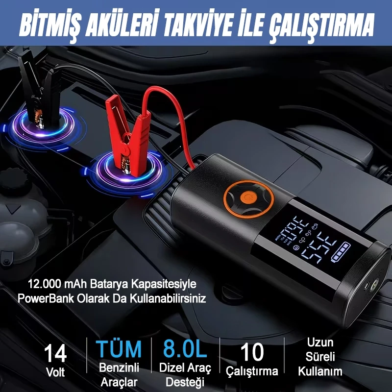 St-5537 Pro Akım Korumalı 12.000 Mah Hava Kompresörlü Akü Takviye Cihazı Hızlı Şişirme El Feneri Taşınabilir Powerbank