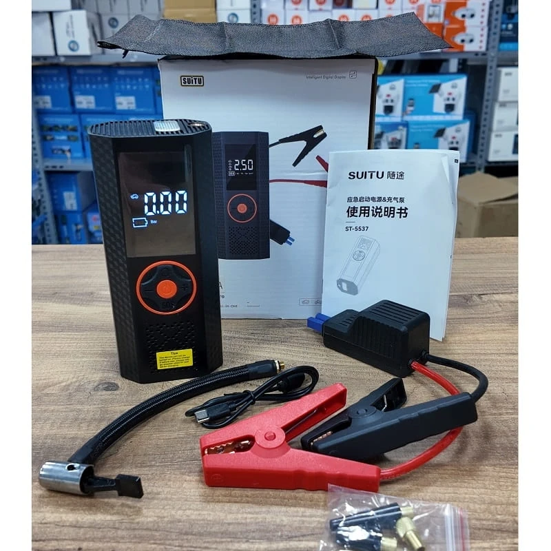 St-5537 Pro Akım Korumalı 12.000 Mah Hava Kompresörlü Akü Takviye Cihazı Hızlı Şişirme El Feneri Taşınabilir Powerbank