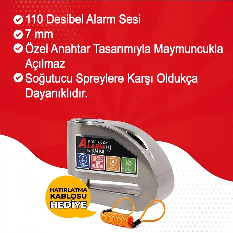 7 Mm 110 Desibel Profesyonel Motosiklet Alarmlı Disk Kilidi