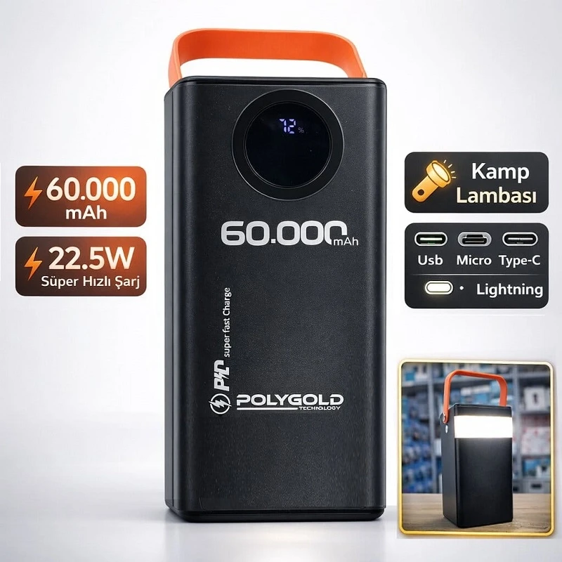 60.000 Mah Powerbank 4 Usb Micro Type-c Lıghtnıng Girişli El Fenerli Taşınabilir Şarj Aleti