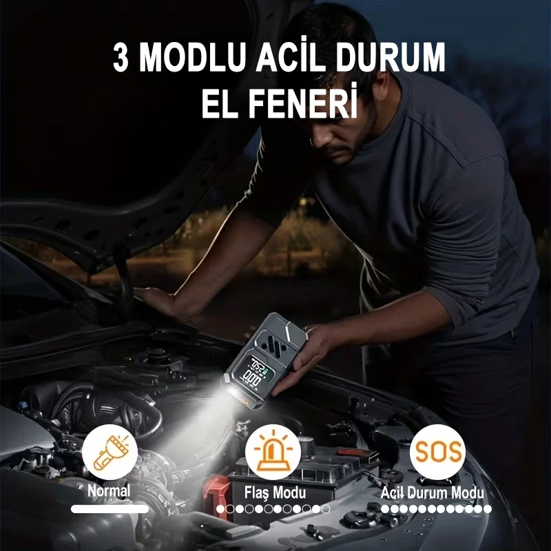 12.000 Mah Tank Modeli Akım Korumalı Hava Kompresörlü Akü Takviye Cihazı Hızlı Şişirme El Feneri Taşınabilir Powerbank St-9654