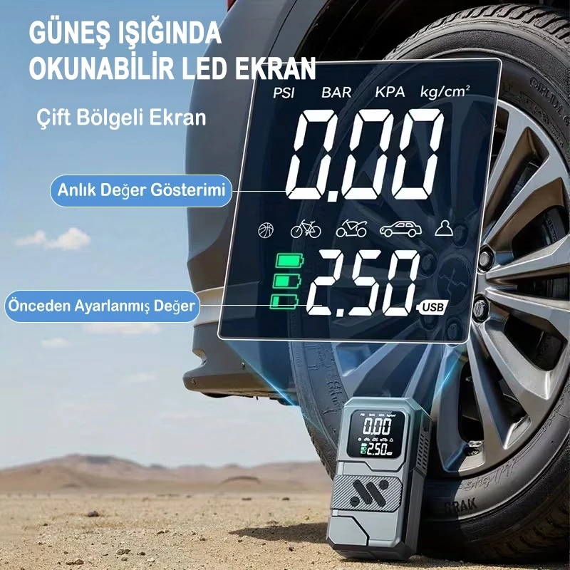 12.000 Mah Tank Modeli Akım Korumalı Hava Kompresörlü Akü Takviye Cihazı Hızlı Şişirme El Feneri Taşınabilir Powerbank St-9654