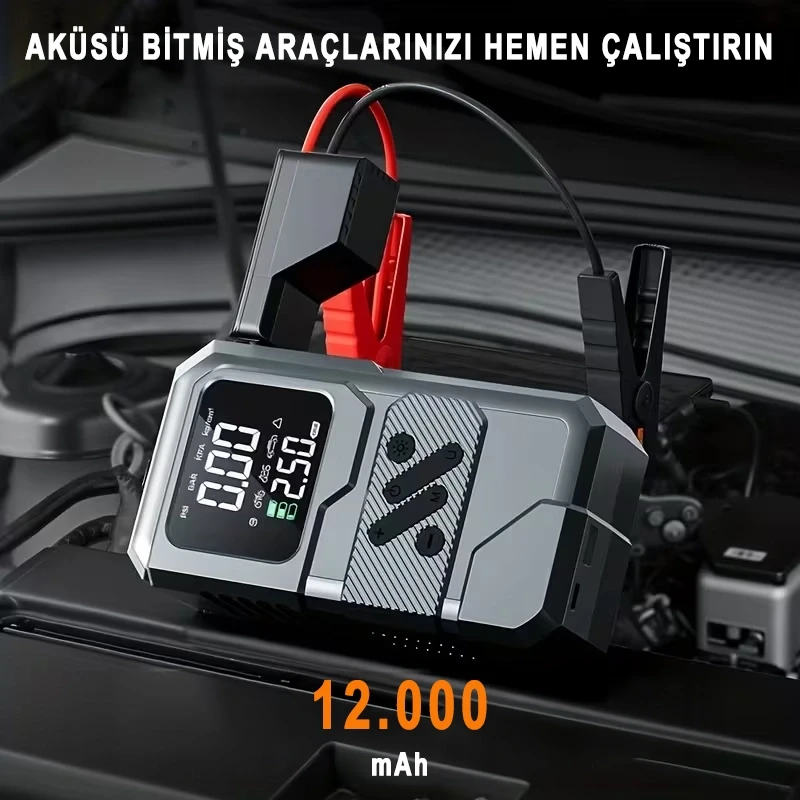 12.000 Mah Tank Modeli Akım Korumalı Hava Kompresörlü Akü Takviye Cihazı Hızlı Şişirme El Feneri Taşınabilir Powerbank St-9654