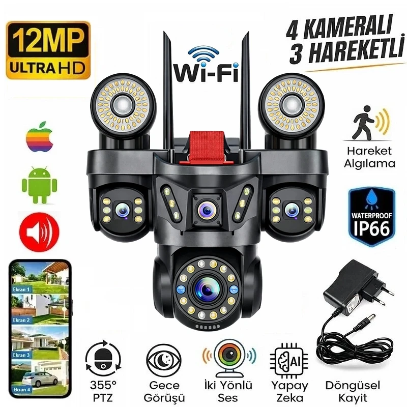 O-Kam Pro 4 Kameralı 4 Görüntülü Ultra HD 360 Dönebilen Kablosuz Wifi Kamera Gece Görüşlü Su Geçirmez Sesli Görüşme Hareket Takip OK-231 Premium