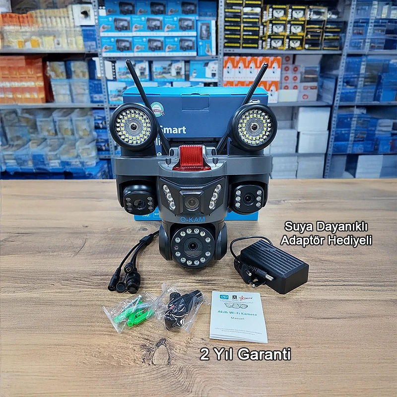 O-Kam Pro 4 Kameralı 4 Görüntülü Ultra HD 360 Dönebilen Kablosuz Wifi Kamera Gece Görüşlü Su Geçirmez Sesli Görüşme Hareket Takip OK-231 Premium