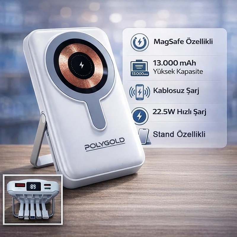 13.000 mAh Premium Temassız 22.5W PD Süper Hızlı Şarjlı Telefon Tutucu Özellikli Powerbank