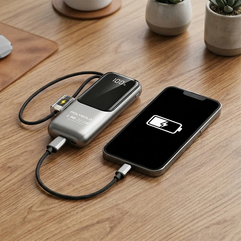 13.000 mAh Premium 22.5W PD Süper Hızlı Şarjlı Dijital Göstergeli Powerbank Type-C USB Çıkışlı Kendinden Şarj Kablolu