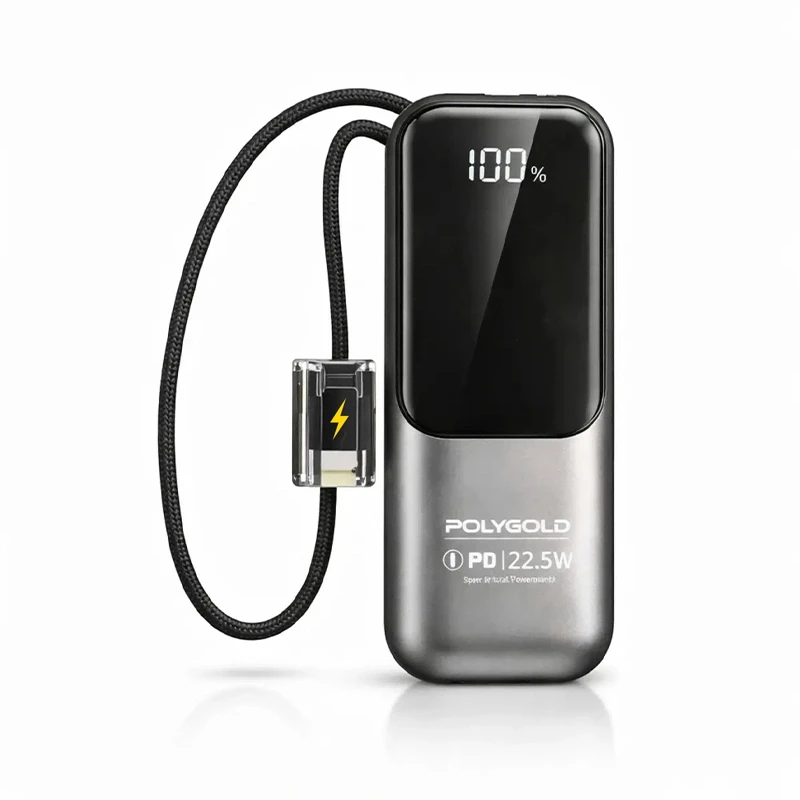 13.000 mAh Premium 22.5W PD Süper Hızlı Şarjlı Dijital Göstergeli Powerbank Type-C USB Çıkışlı Kendinden Şarj Kablolu