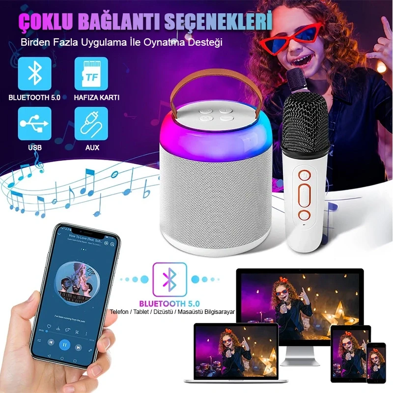 Concord Kablosuz Bluetooth Hoparlör Karaoke Mikrofon Farklı Ses Efektleri Rgb Ses Bombası Usb Sd FM Radyo