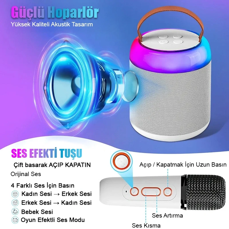 Concord Kablosuz Bluetooth Hoparlör Karaoke Mikrofon Farklı Ses Efektleri Rgb Ses Bombası Usb Sd FM Radyo