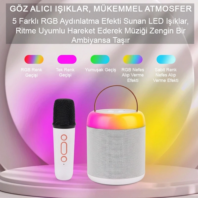 Concord Kablosuz Bluetooth Hoparlör Karaoke Mikrofon Farklı Ses Efektleri Rgb Ses Bombası Usb Sd FM Radyo