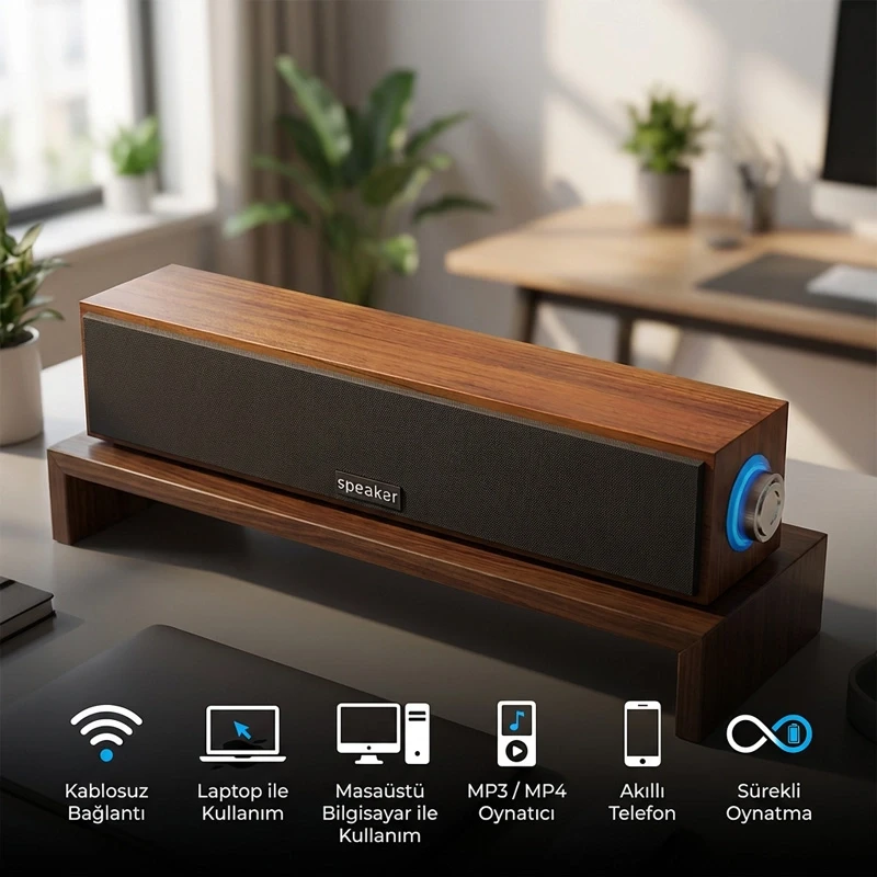 Ahşap Kasa Portatif Mini Ses Sistemi Bluetooth 5.2 USB TF Kart TV Bilgisayar Tablet Telefon Hoparlörü