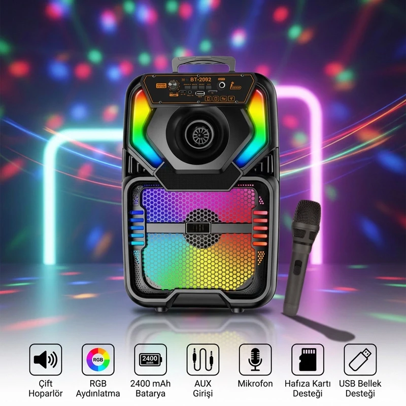 8 İnç Taşınabilir Bluetooth Hoparlör Güçlü Ses Karaoke Mikrofonlu FM Radyo USB Kumandalı Speaker