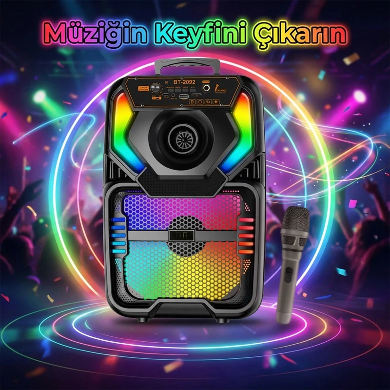 8 İnç Taşınabilir Bluetooth Hoparlör Güçlü Ses Karaoke Mikrofonlu FM Radyo USB Kumandalı Speaker