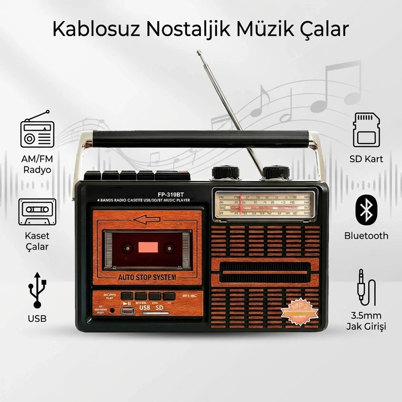 Nostaljik Bluetooth Usb Sd Fm Kaset Çalar Retro 4 Bant Radyo