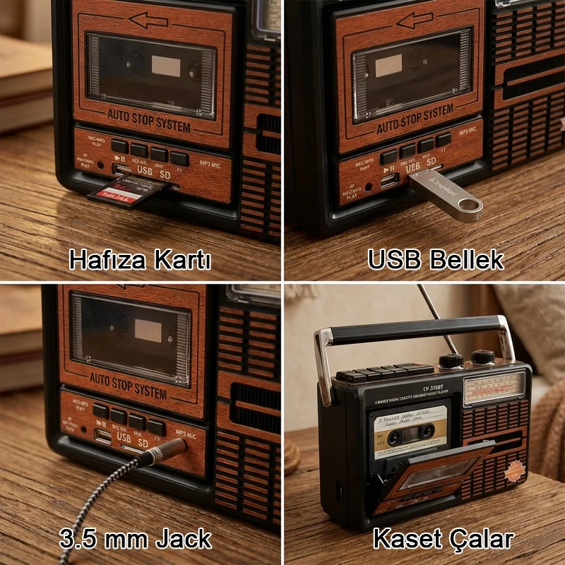 Nostaljik Bluetooth Usb Sd Fm Kaset Çalar Retro 4 Bant Radyo