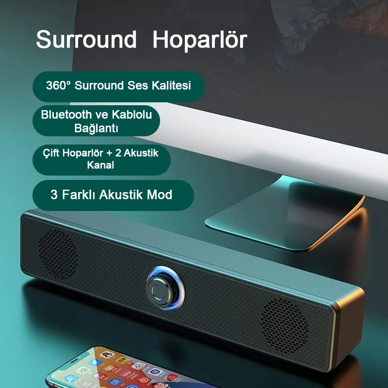 Portatif Mini Ses Sistemi Bluetooth 5.2 USB TF Kart TV Bilgisayar Tablet Telefon Hoparlörü