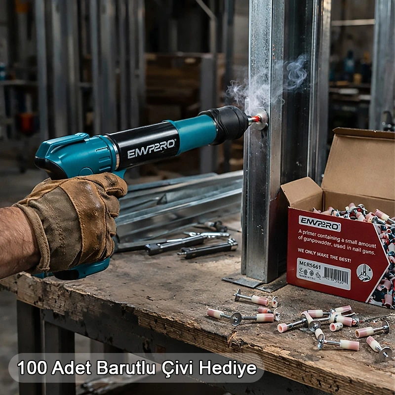 Profesyonel Montaj İçin Beton Duvar ve Çelik Yüzey Çivi Sabitleme Makinesi Çivi Çakma Makinesi 100 Adet Pul Başlı Çivi Hediyeli