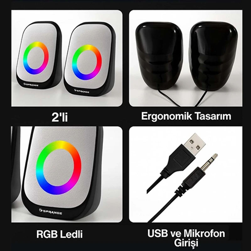 Sprange Led Işıklı Rgb Bilgisayar Hoparlörü 2.0 3W x 2 USB 3.5mm 5V 1 + 1 Siyah SR-PN786