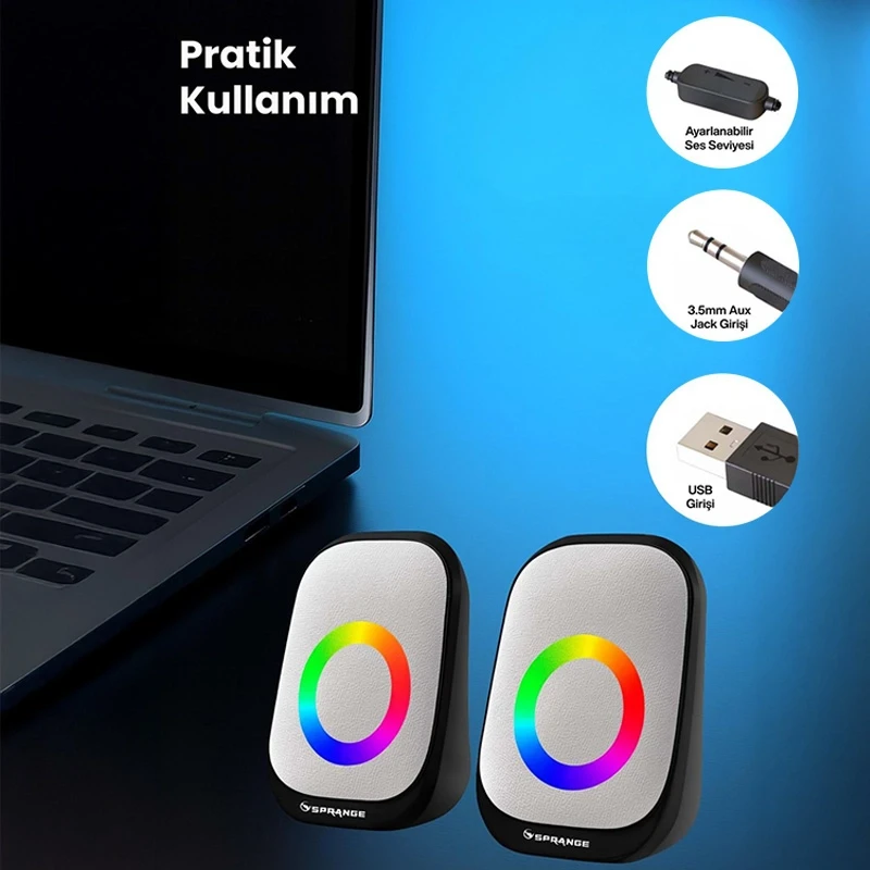 Sprange Led Işıklı Rgb Bilgisayar Hoparlörü 2.0 3W x 2 USB 3.5mm 5V 1 + 1 Siyah SR-PN786