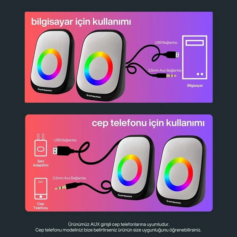 Sprange Led Işıklı Rgb Bilgisayar Hoparlörü 2.0 3W x 2 USB 3.5mm 5V 1 + 1 Siyah SR-PN786