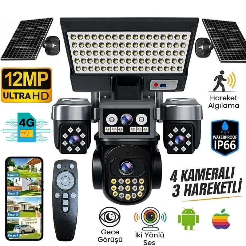 O-Kam Premium 4G 12MP SIM Kartlı 4 Kameralı 4 Görüntülü 3 Adet Solar Panel Kumandalı Projektörlü Renkli Gece Görüşlü Güvenlik Kamerası