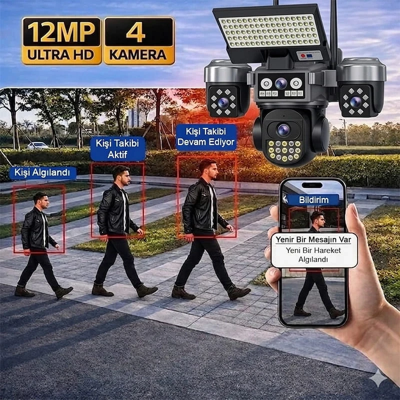 O-Kam Premium 4G 12MP SIM Kartlı 4 Kameralı 4 Görüntülü 3 Adet Solar Panel Kumandalı Projektörlü Renkli Gece Görüşlü Güvenlik Kamerası