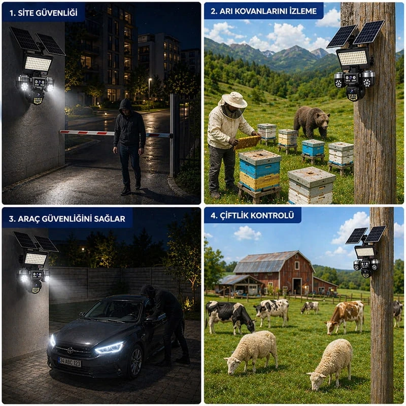 O-Kam Premium 4G 12MP SIM Kartlı 4 Kameralı 4 Görüntülü 3 Adet Solar Panel Kumandalı Projektörlü Renkli Gece Görüşlü Güvenlik Kamerası